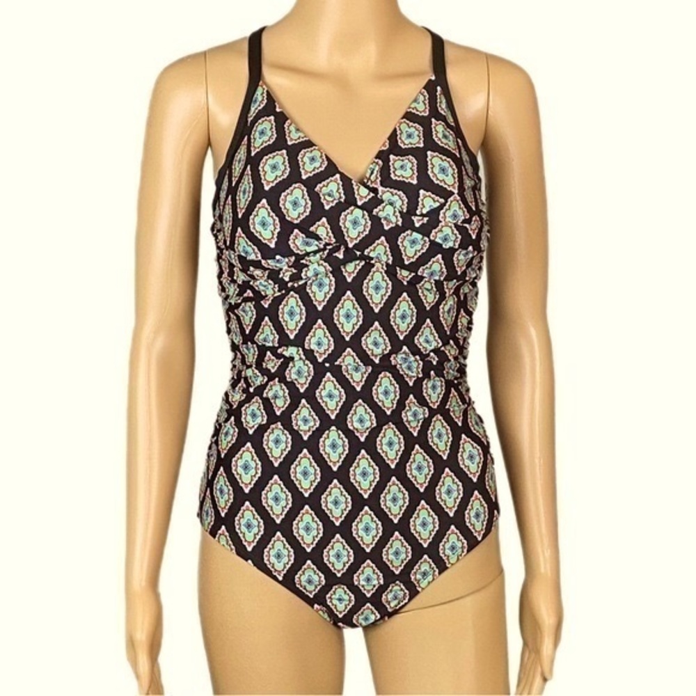 JANTZEN black w/abstract, multicolored diamonds one-piece swimsuit. Size 10. EUC